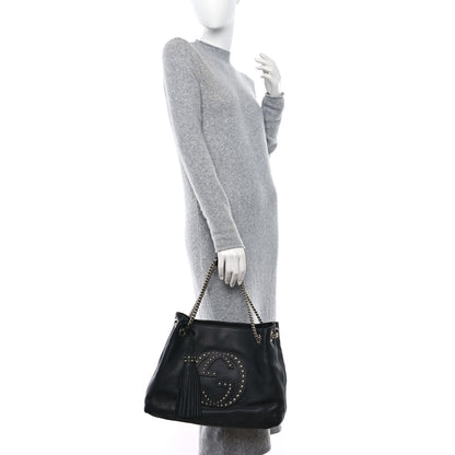 Gucci Pebbled Calfskin Studded Medium Soho Chain Shoulder Bag Black 2 of 9