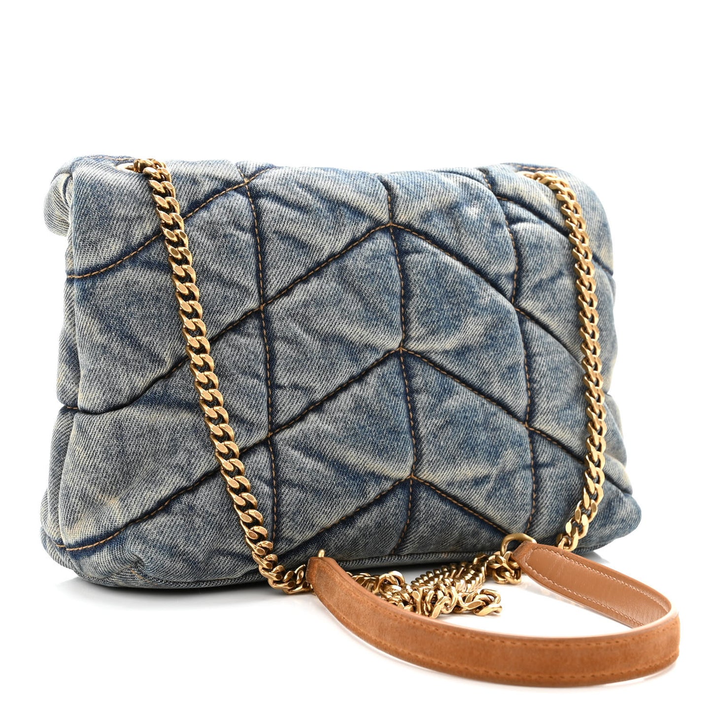 Denim Quilted Toy Loulou Puffer Monogram Chain Satchel Blue Cinnamon