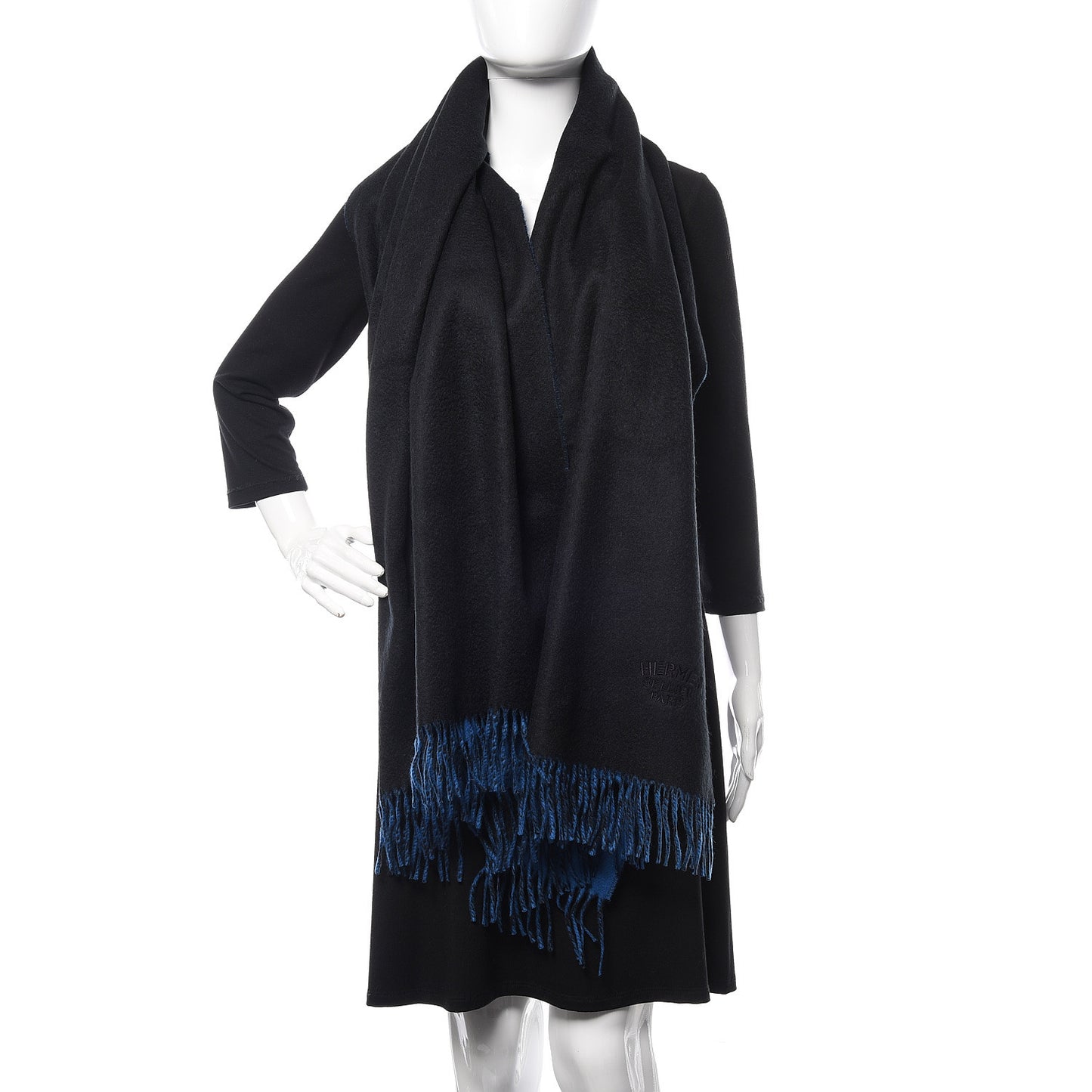 Cashmere Fringe Double Face Stole Black Bleu Saphir