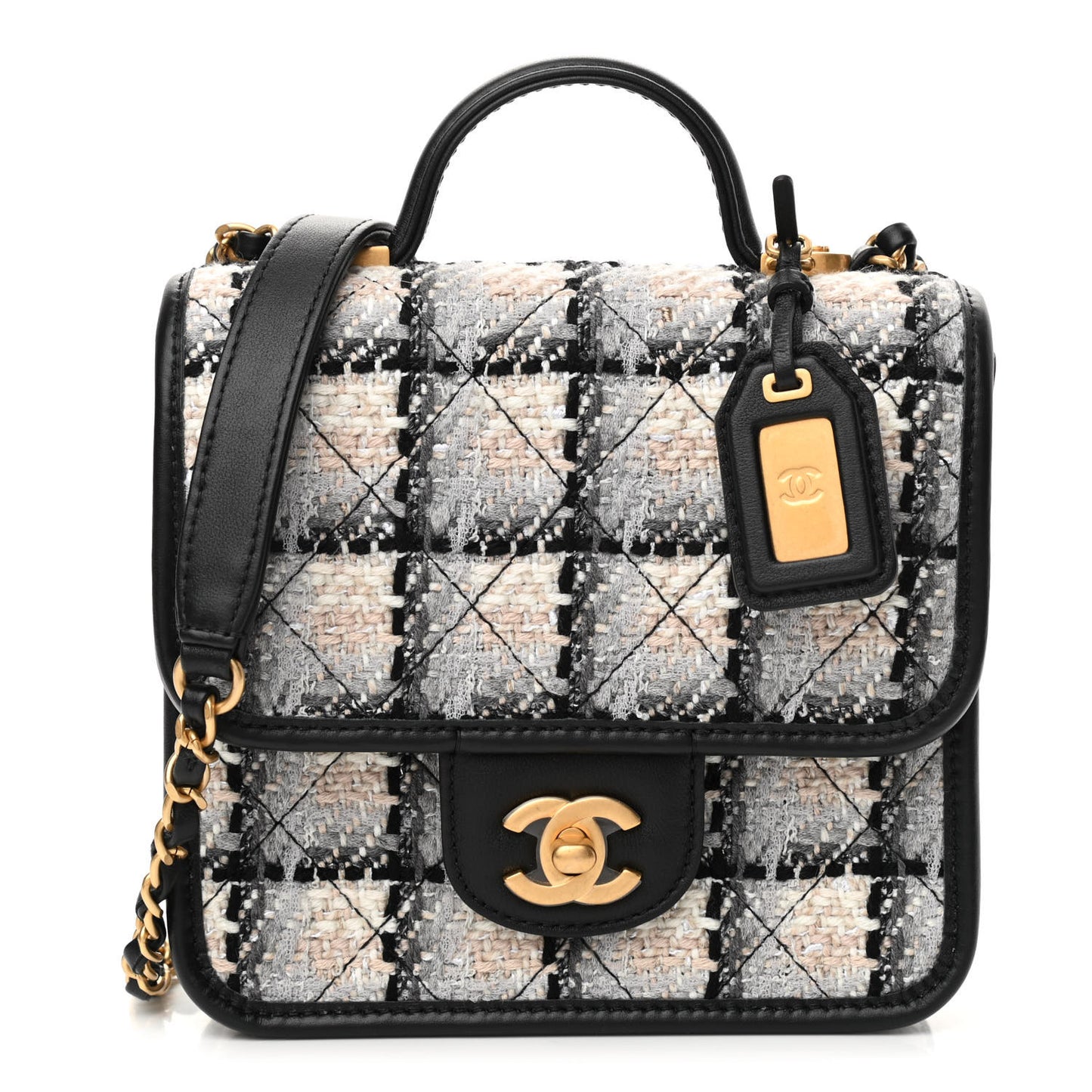 Tweed Calfskin School Memory Mini Top Handle Flap Ecru Grey Beige Black