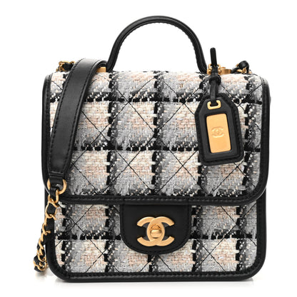 Chanel Tweed Calfskin School Memory Mini Top Handle Flap Ecru Grey Beige Black 1 of 11