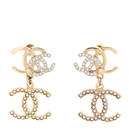 Chanel Crystal Pearl Double CC Drop Earrings Gold Silver 1 of 4