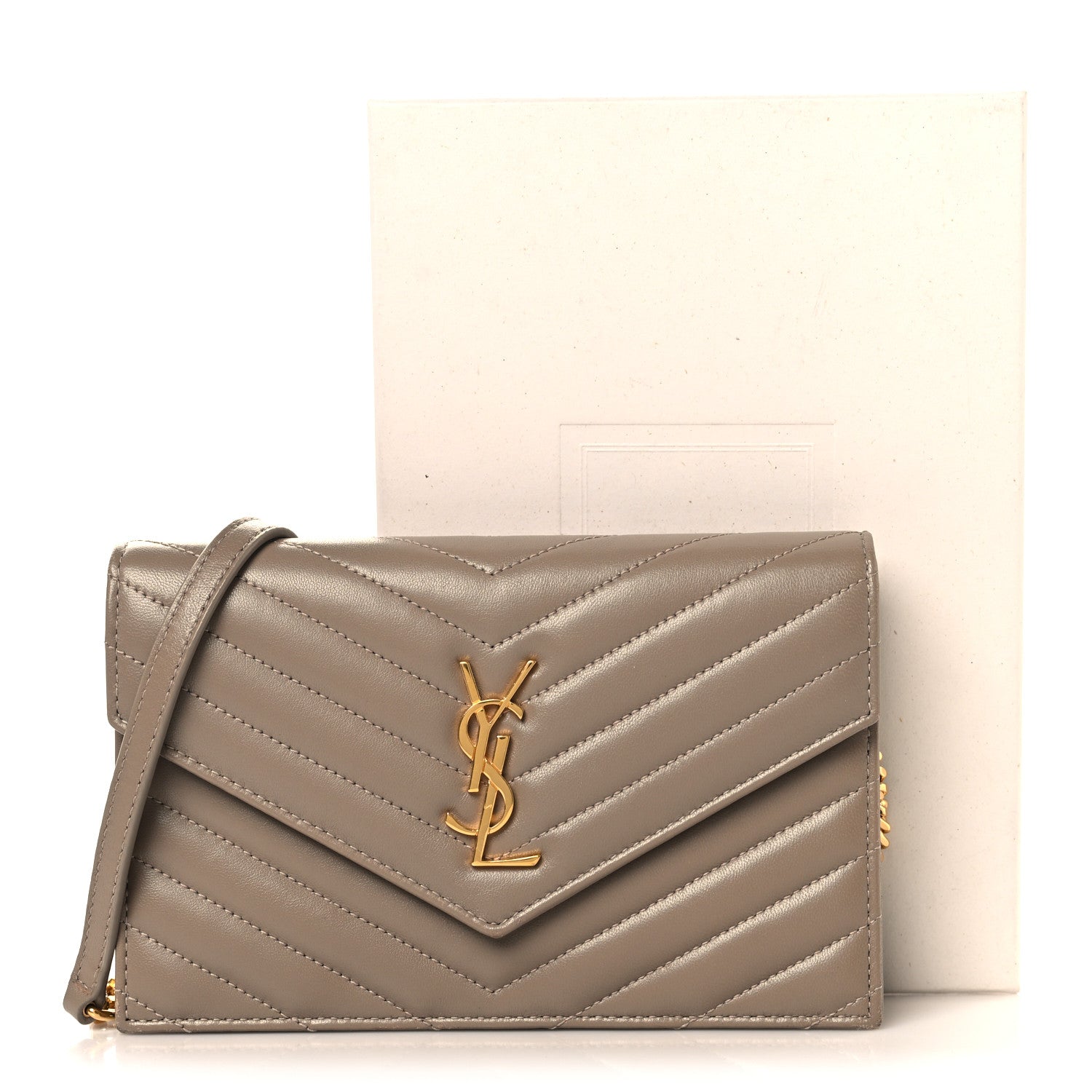 Saint Laurent Lambskin Matelasse Chevron Monogram Envelope Chain Wallet Dusty Grey 10 of 10
