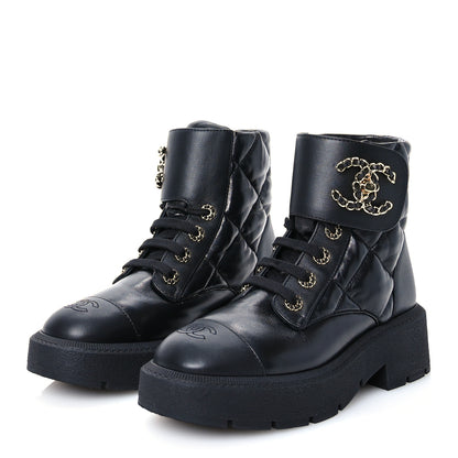 Chanel Lambskin Calfskin Quilted Lace Up Combat Boots 38 Black 3 of 12