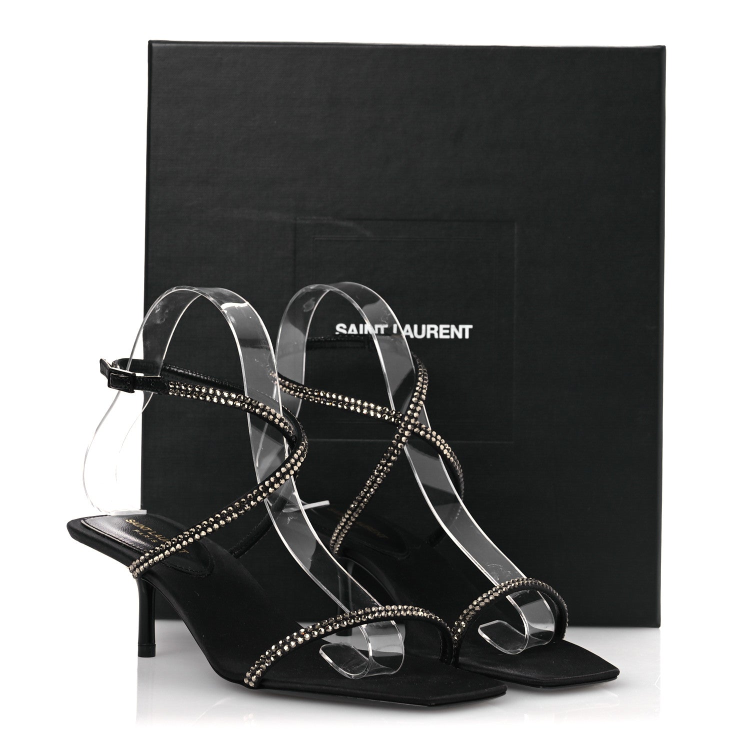 Saint Laurent Crepe Satin Strass Baliqua 55 Ankle Strap Sandals 36 Black Greige 11 of 11