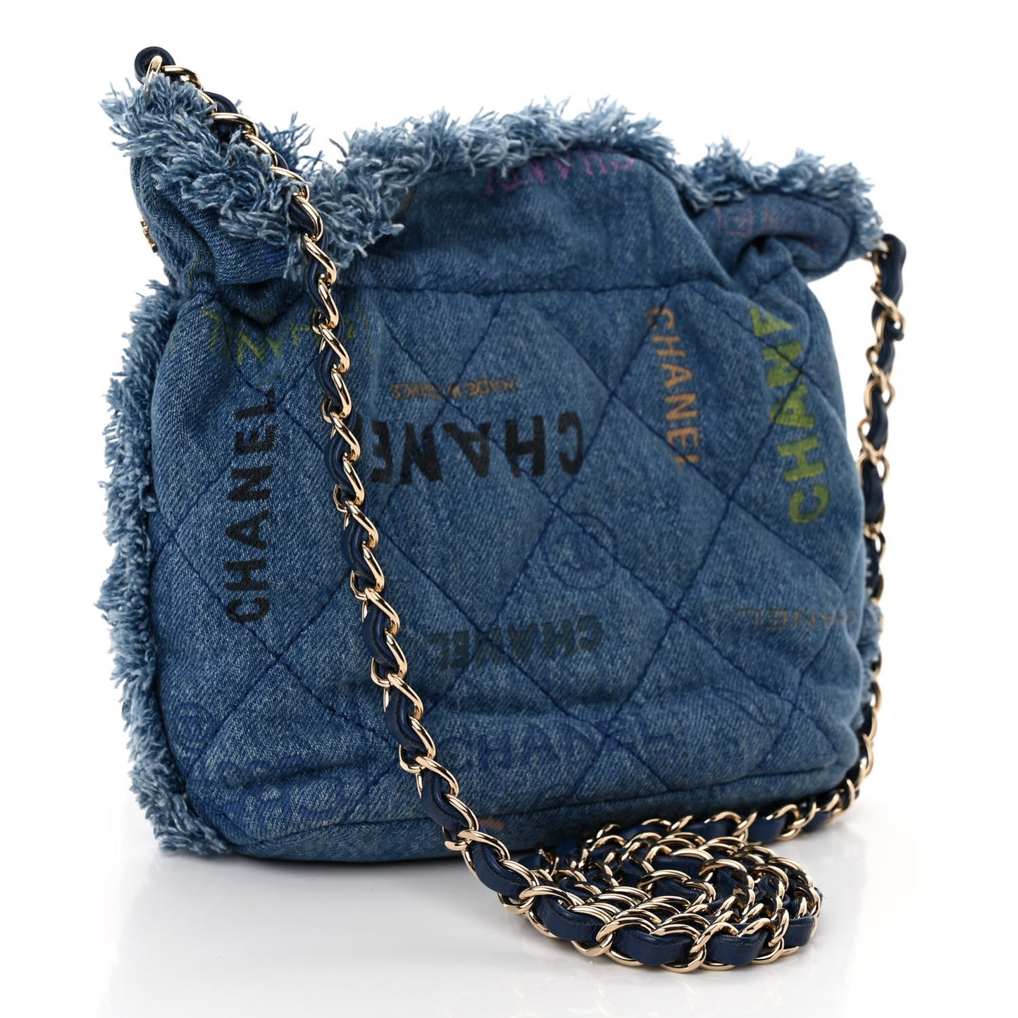 Denim Quilted Small Mood Bucket With Chain Blue Multicolor