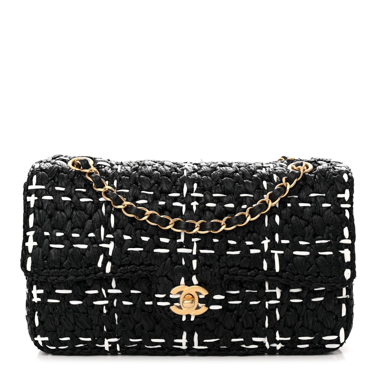 Raffia Effect Medium Tweedy Flap Bag Black White
