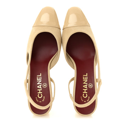 Chanel Suede Patent Cap Toe CC Slingback Pumps 38 Beige 2 of 10