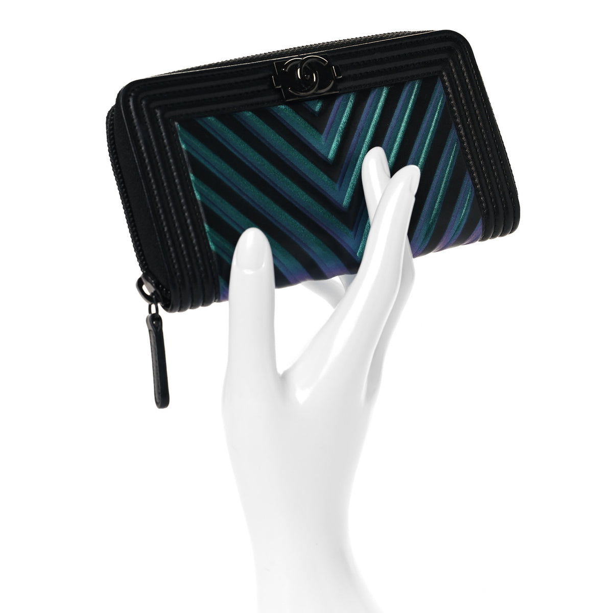 Chanel Calfskin Painted Chevron Embossed Small Boy Zip Wallet Black 2 of 8