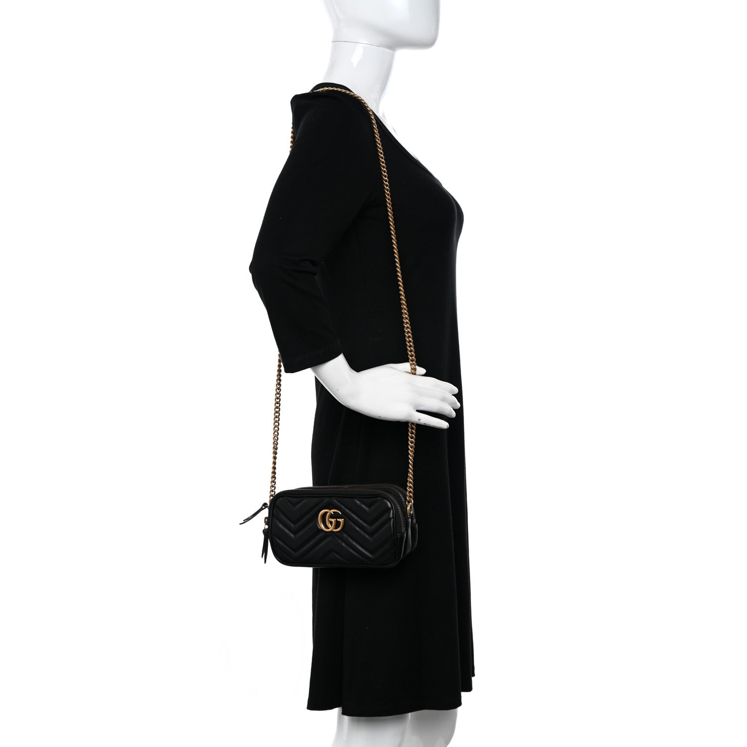 Gucci Calfskin Matelasse Mini GG Marmont Chain Crossbody Bag Black 2 of 14
