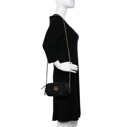 Gucci Calfskin Matelasse Mini GG Marmont Chain Crossbody Bag Black 2 of 14