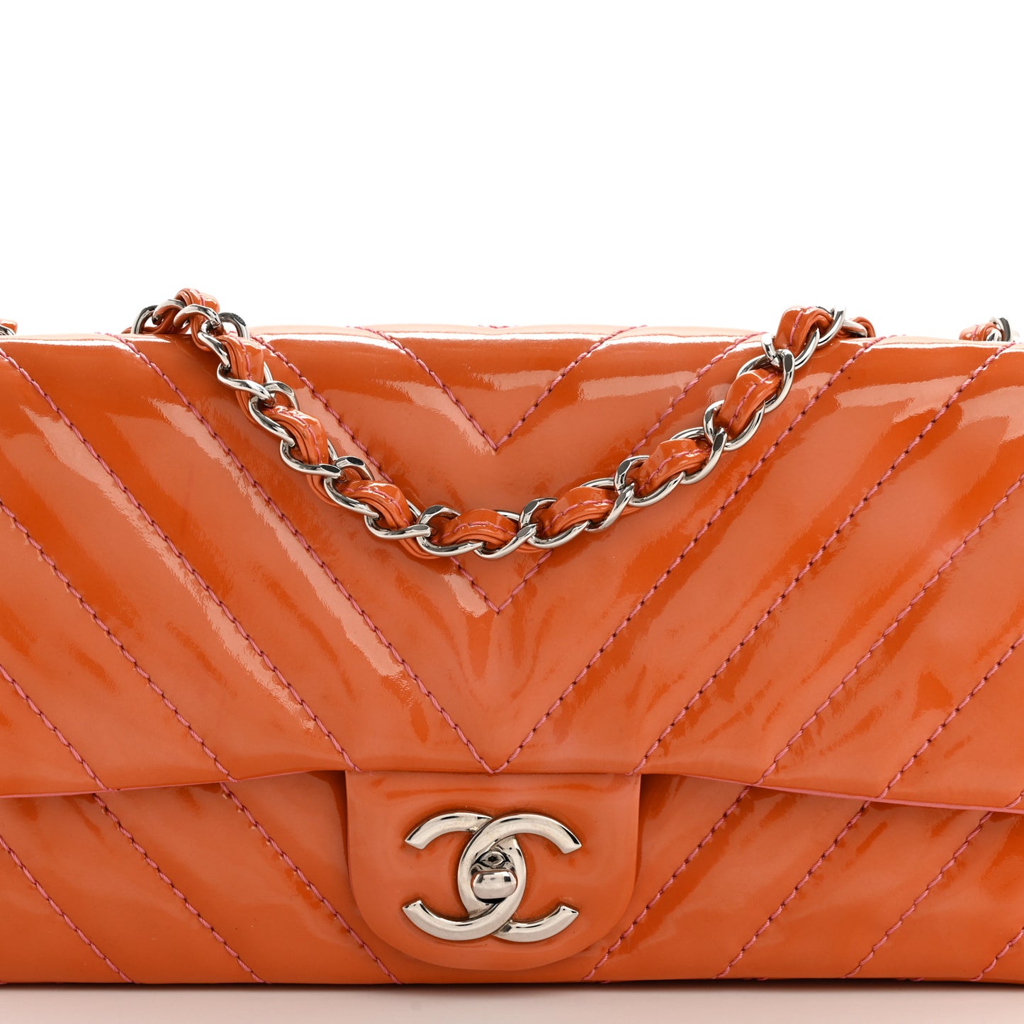 Patent Calfskin Chevron Quilted East West Flap Orange Pink