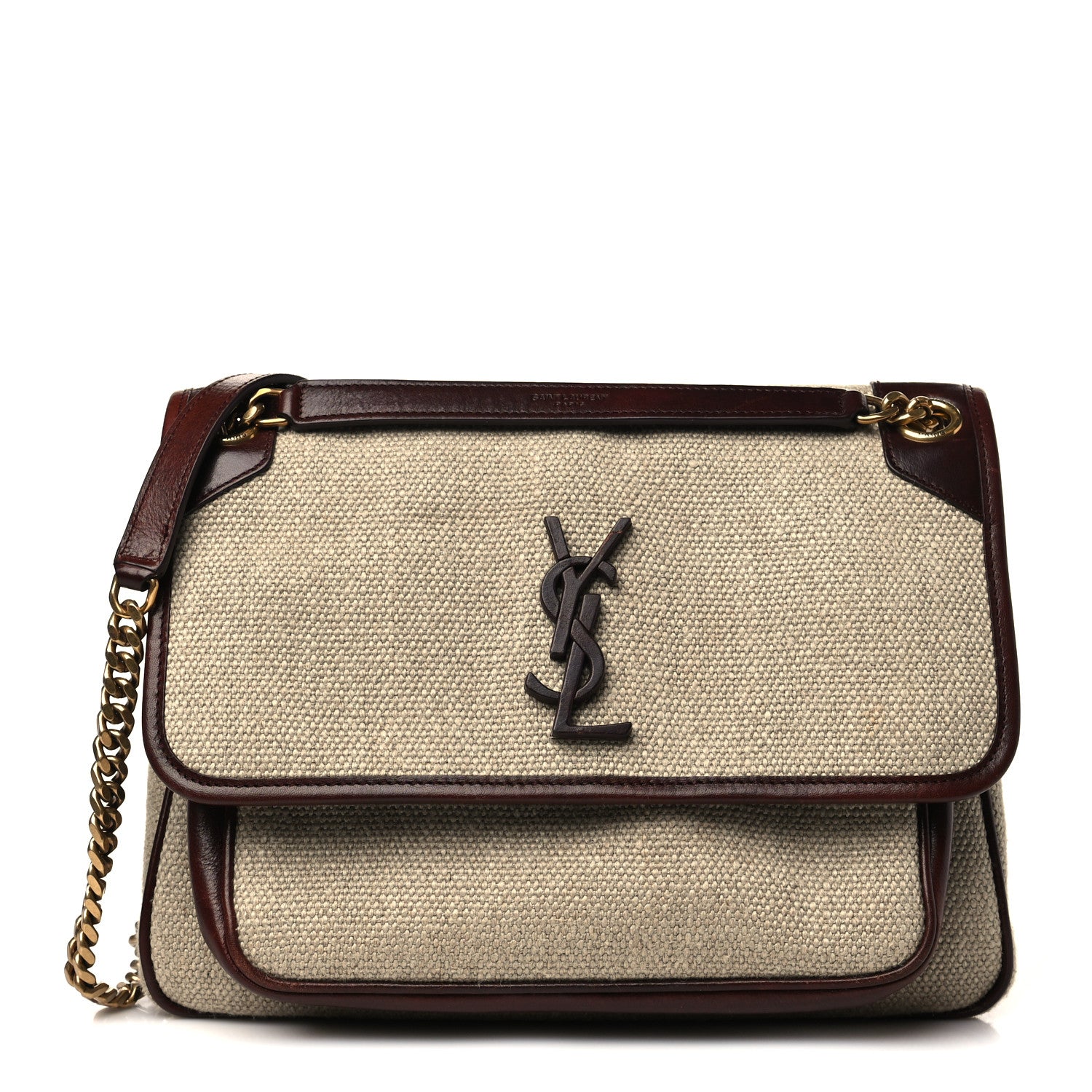 Saint Laurent Cotton Canvas Vintage Calfskin Monogram Medium Niki Chain Satchel Natural Chocolate 1 of 7