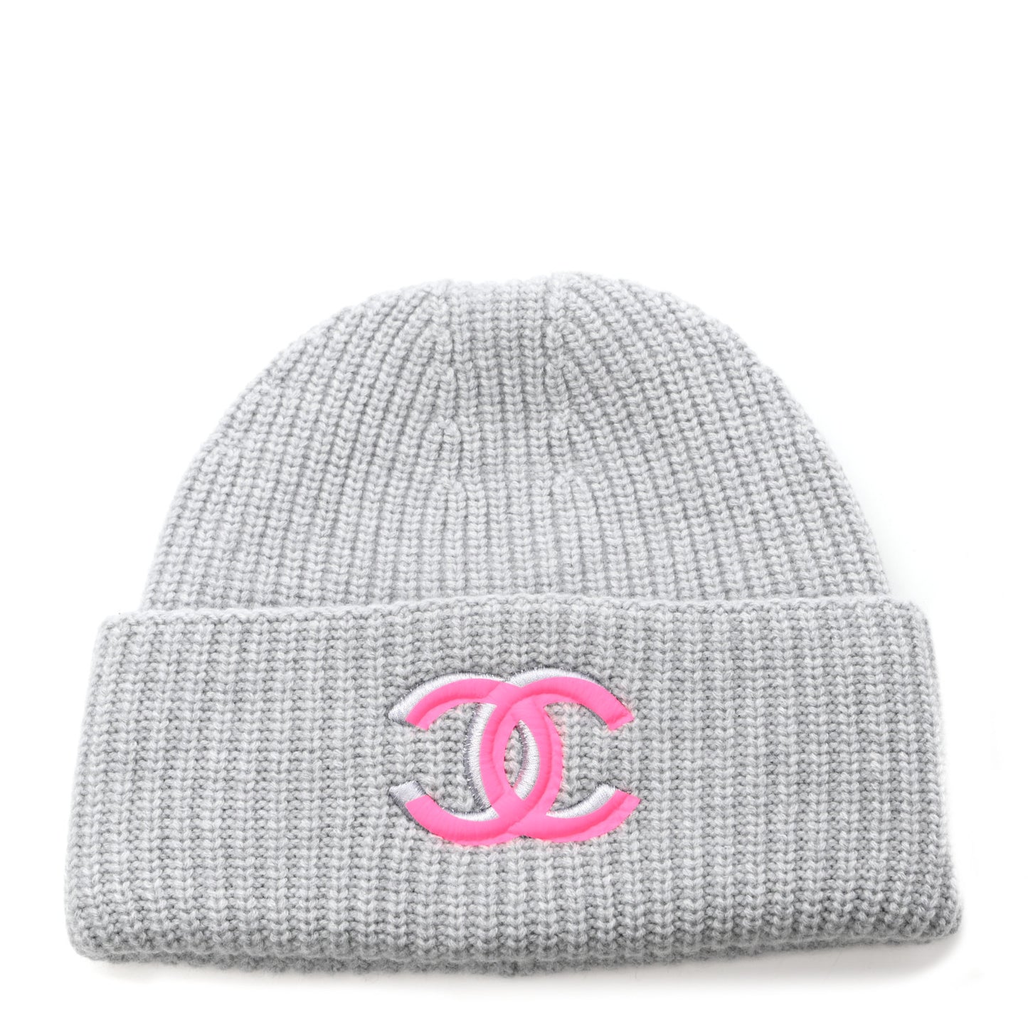 Wool Cashmere CC Beanie Hat Light Grey Fuchsia