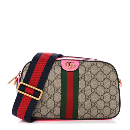 Gucci GG Supreme Monogram Textured Dollar Calfskin Web Ophidia Small Crossbody Bag Beige Ebony Fuchsia 1 of 10