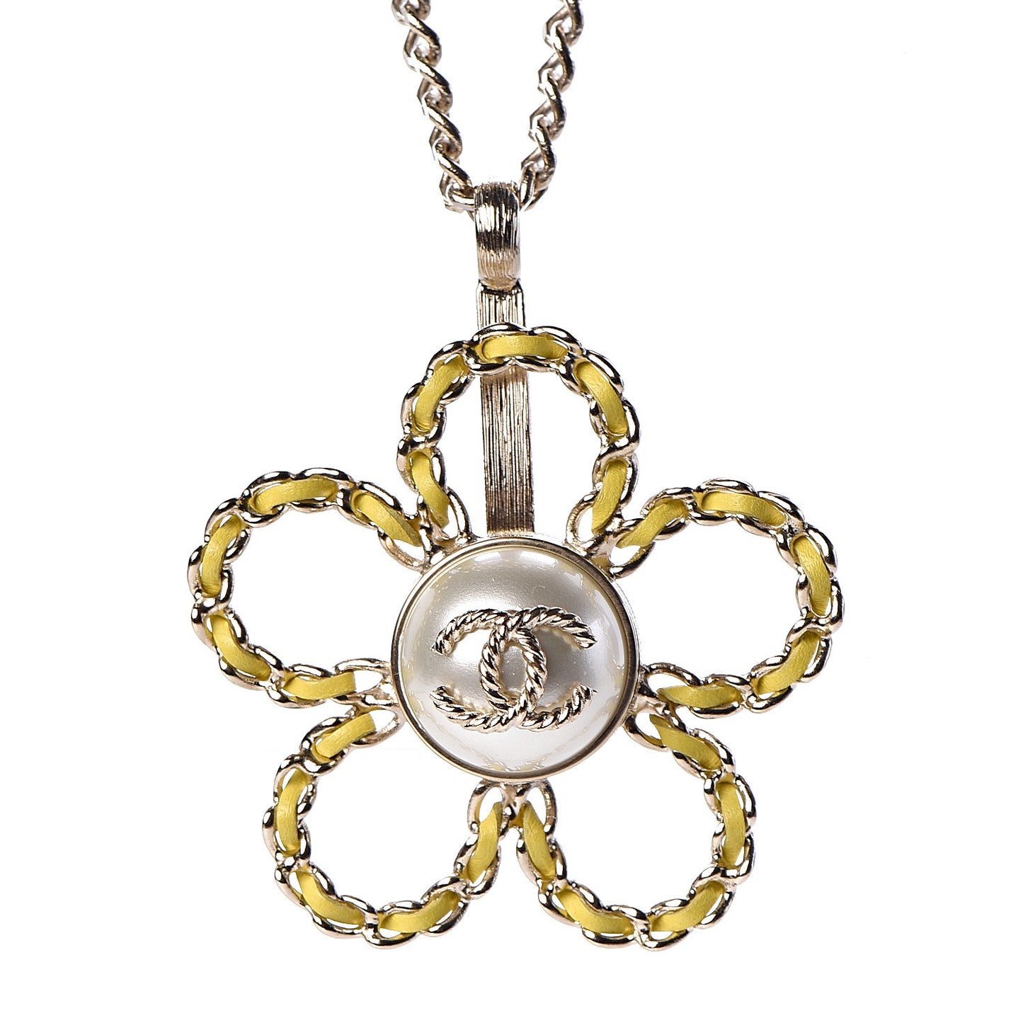 Pearl Lambskin Chain CC Flower Pendant Necklace Gold Yellow