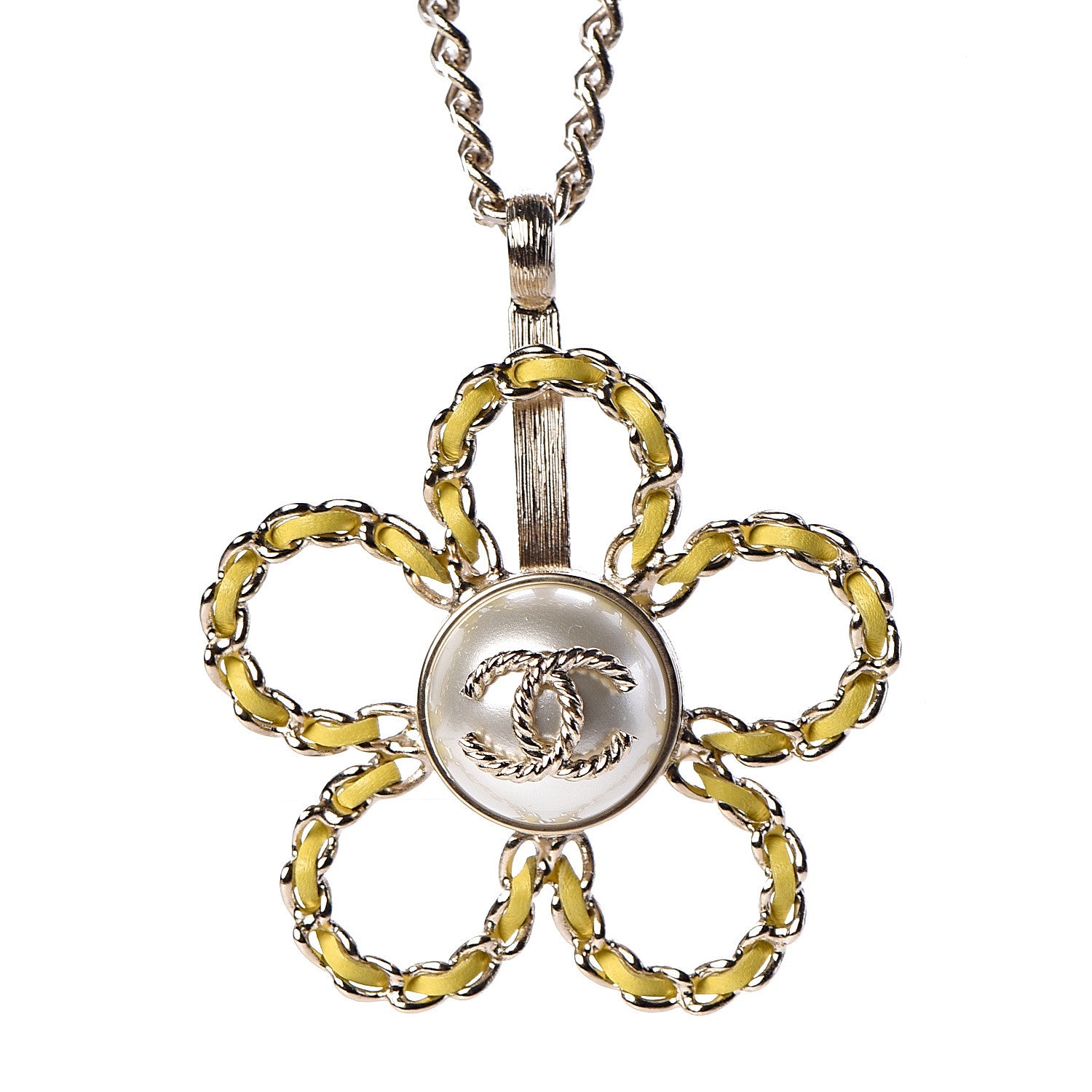 Chanel Pearl Lambskin Chain CC Flower Pendant Necklace Gold Yellow 4 of 7