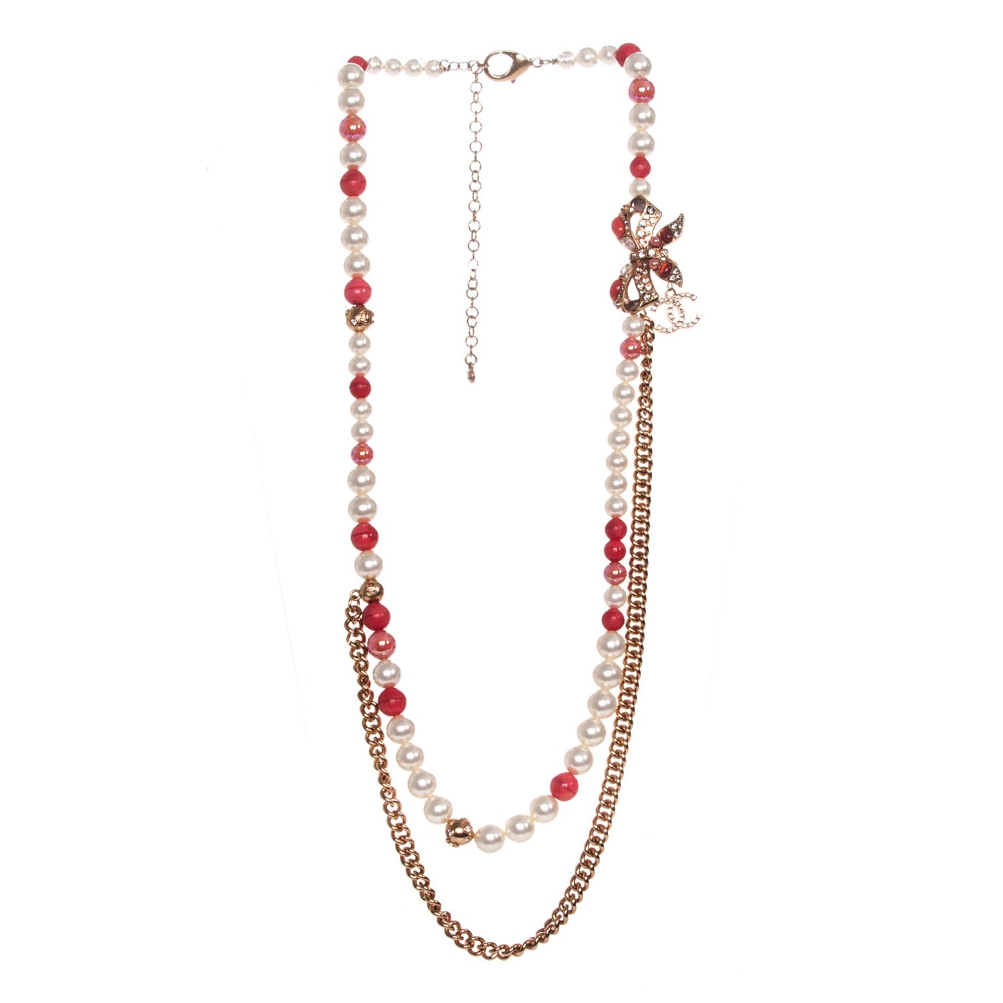 Pearl Crystal Bow Long Necklace Gold Red