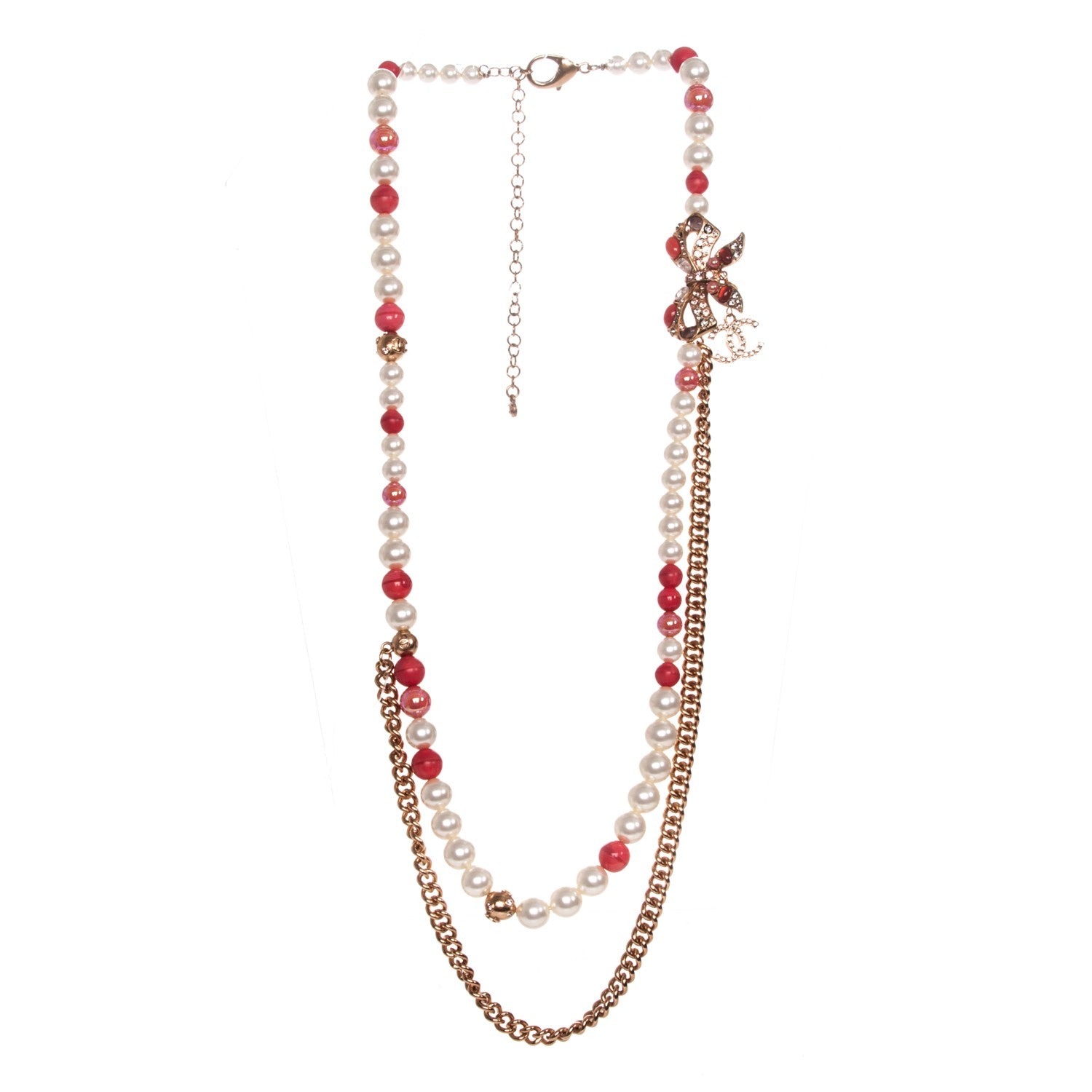 Chanel Pearl Crystal Bow Long Necklace Gold Red 3 of 5