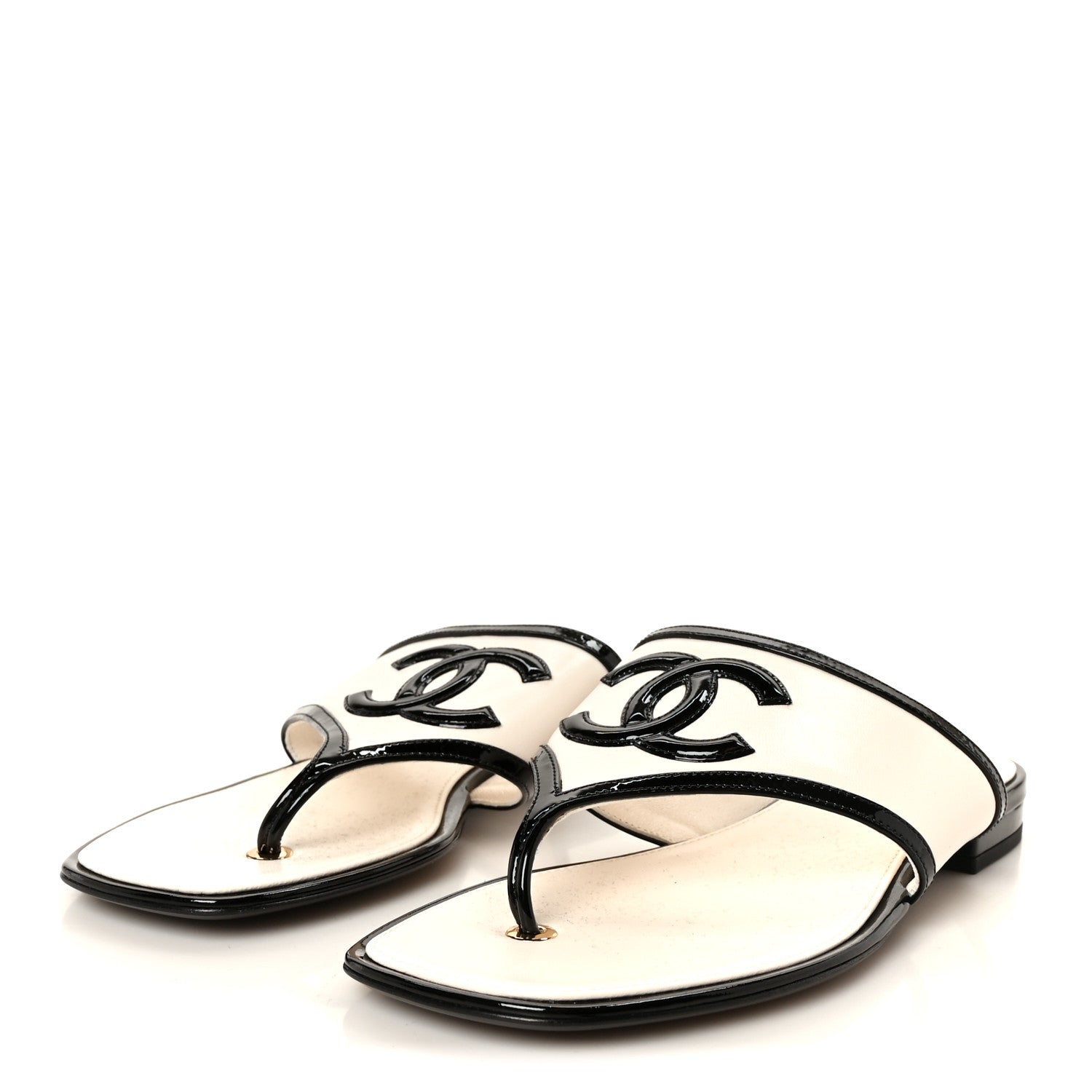 Chanel Lambskin Patent Calfskin CC Thong Sandals 37 White Black 4 of 9
