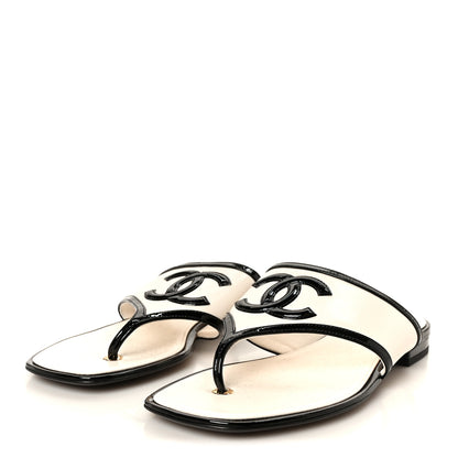 Chanel Lambskin Patent Calfskin CC Thong Sandals 37 White Black 4 of 9