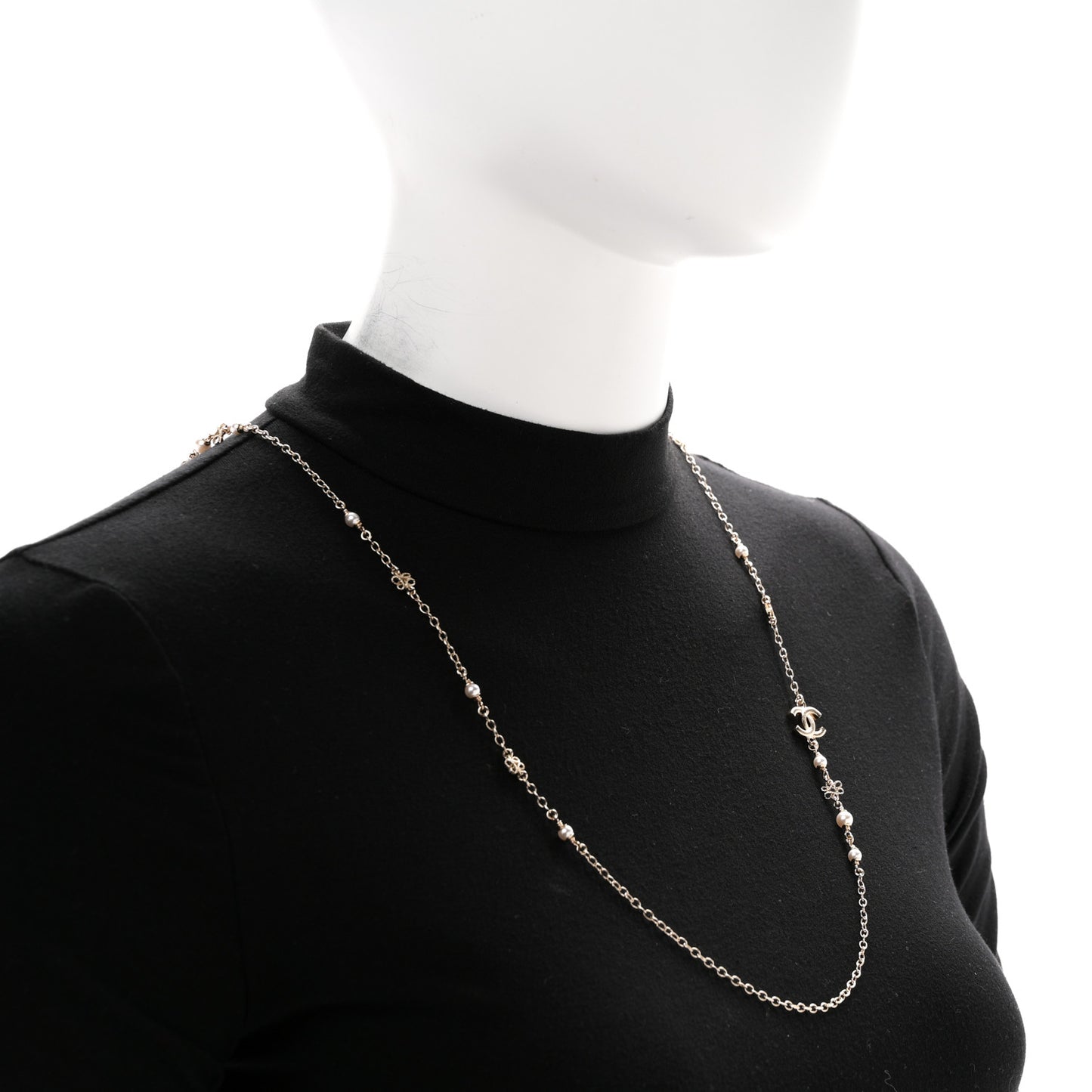 Crystal Pearl CC Flower Charms Long Necklace Light Gold