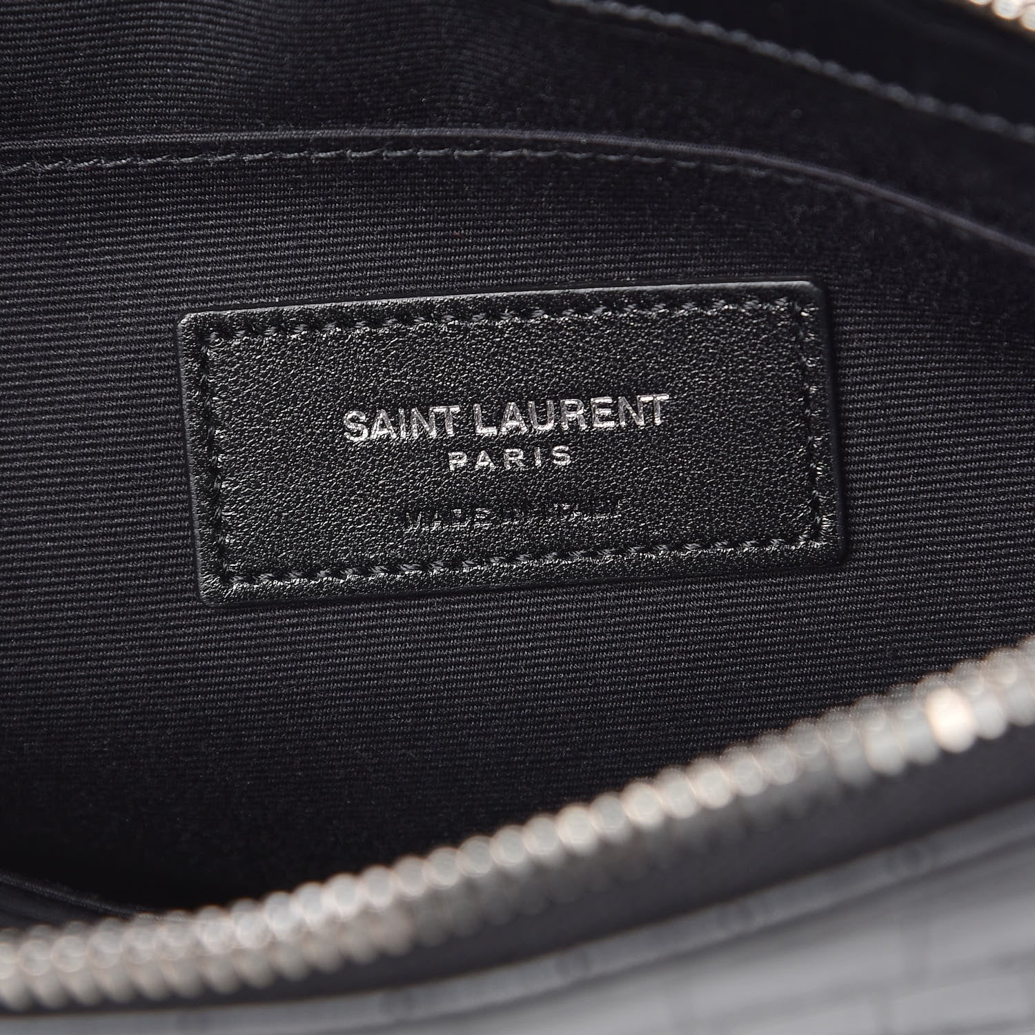 Saint Laurent Calfskin Crocodile Embossed Monogram Zip Pouch Black 6 of 8