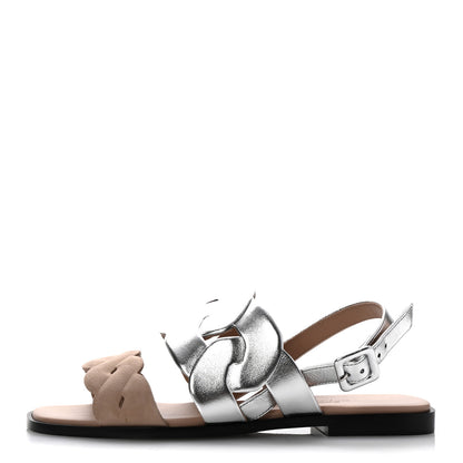 Hermes Metallic Nappa Chevre Velours Womens Grace Sandals 36.5 Gris Argente Beige 1 of 10