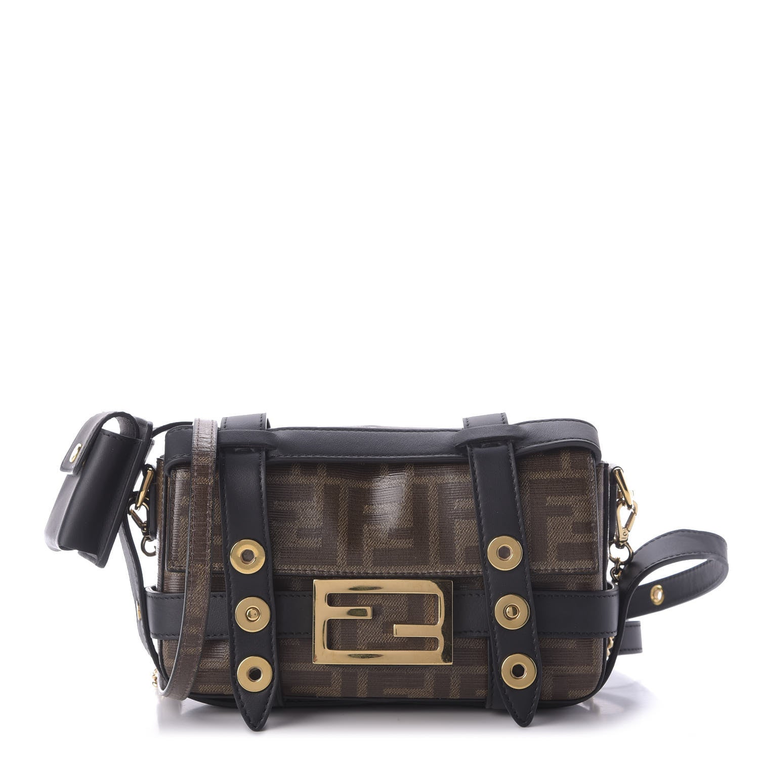 Fendi Glazed Fabric Vitello Century FF 1974 Mini Baguette Cage Mogano Panna Black 1 of 9