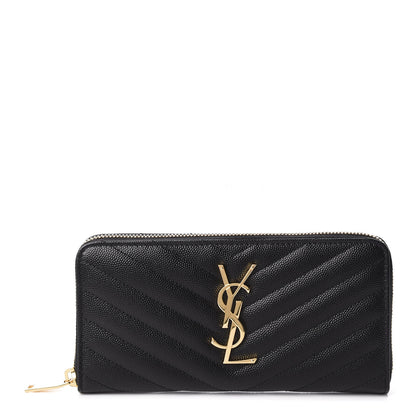 Saint Laurent Grain De Poudre Matelasse Chevron Monogram Zip Around Wallet Black 1 of 9