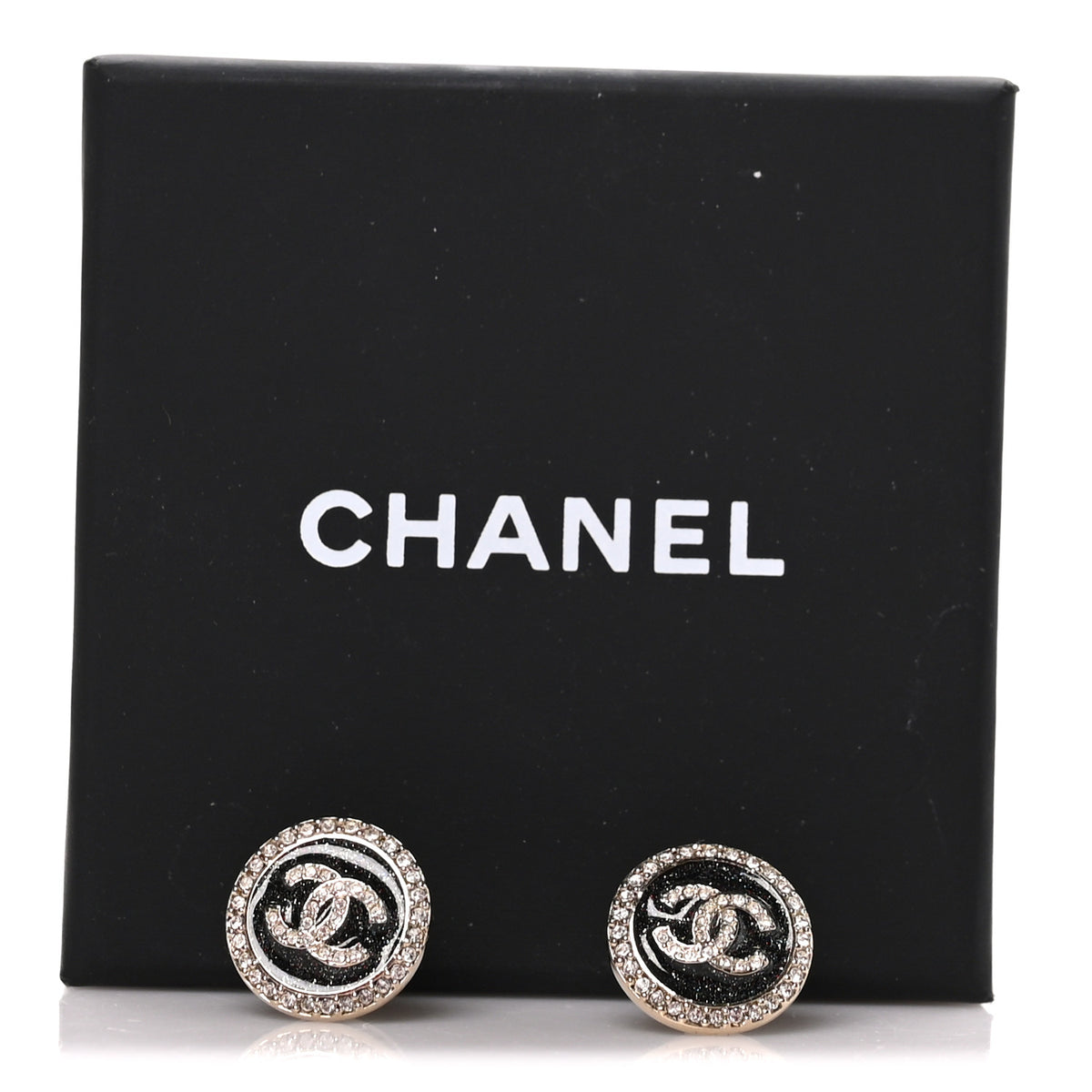 Glitter Enamel Crystal CC Stud Earrings Black Gold