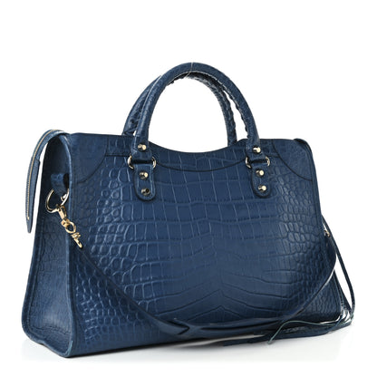 Balenciaga Calfskin Crocodile Embossed Classic Gold Hardware City Bleu Marine 3 of 10