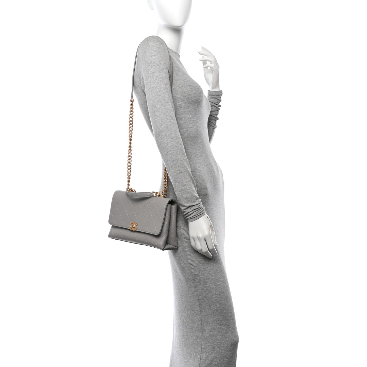Grained Calfskin Small Stitched Flap Grey