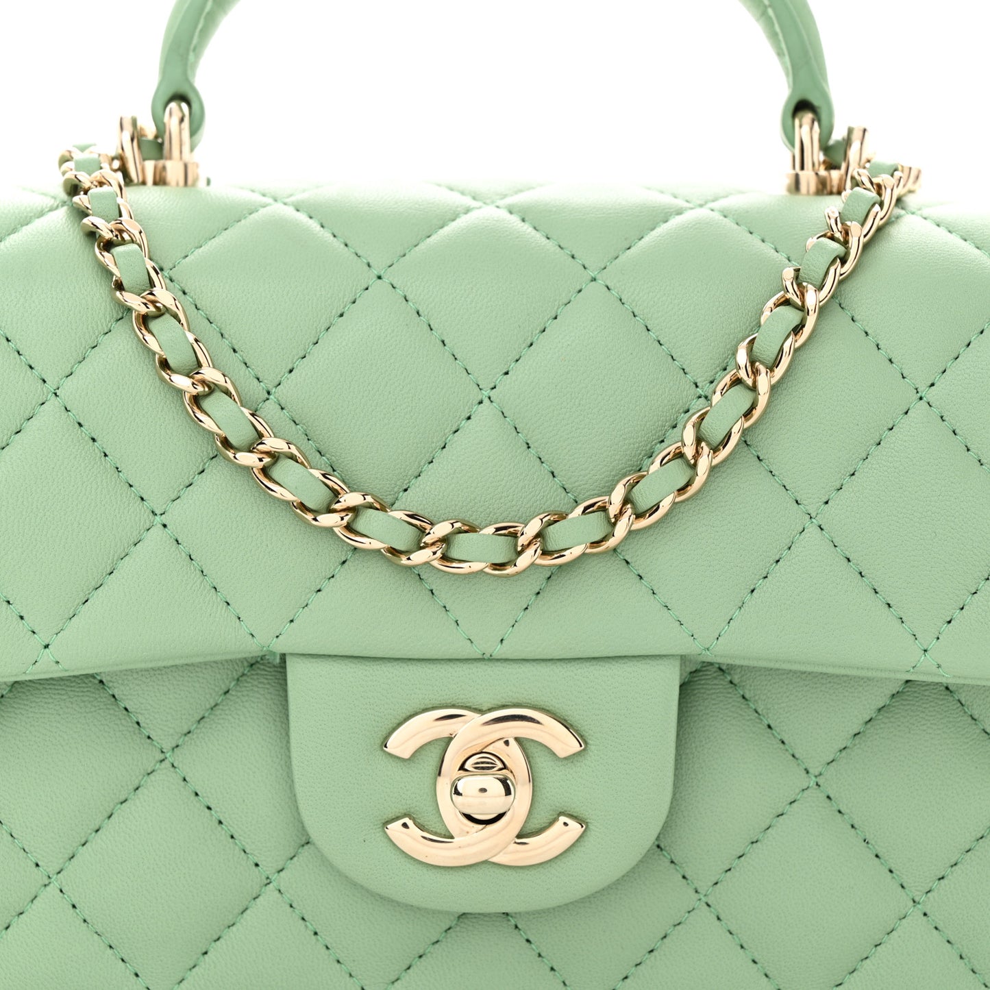 Lambskin Quilted Mini Top Handle Rectangular Flap Light Green