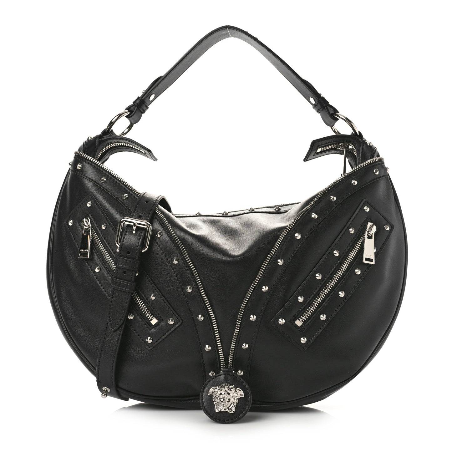 Calfskin Studded Medium Repeat Zip Hobo Black