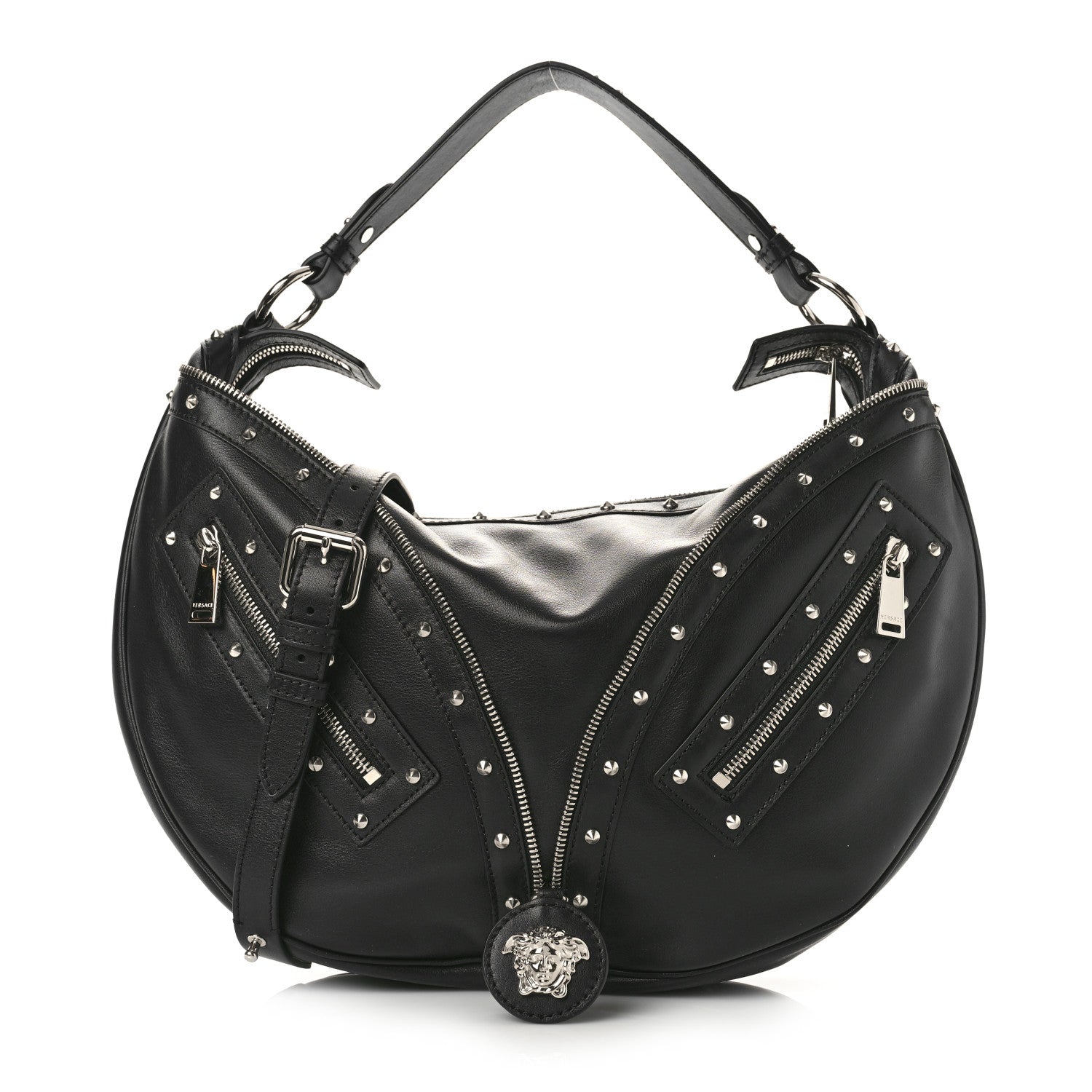 Versace Calfskin Studded Medium Repeat Zip Hobo Black 1 of 8
