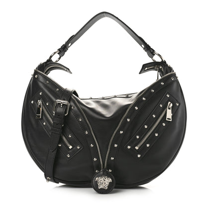 Versace Calfskin Studded Medium Repeat Zip Hobo Black 1 of 8