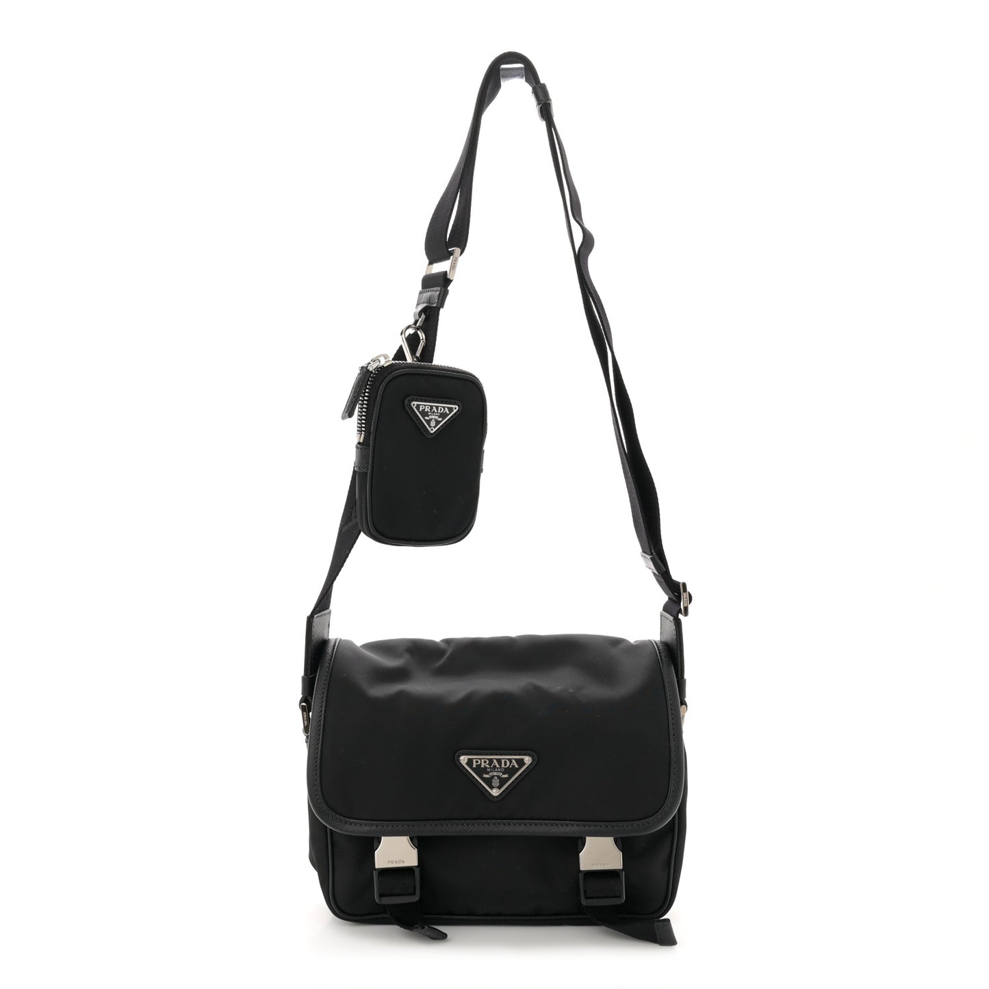 Re-Nylon Saffiano Pocket Double Snap Buckle Shoulder Bag Black