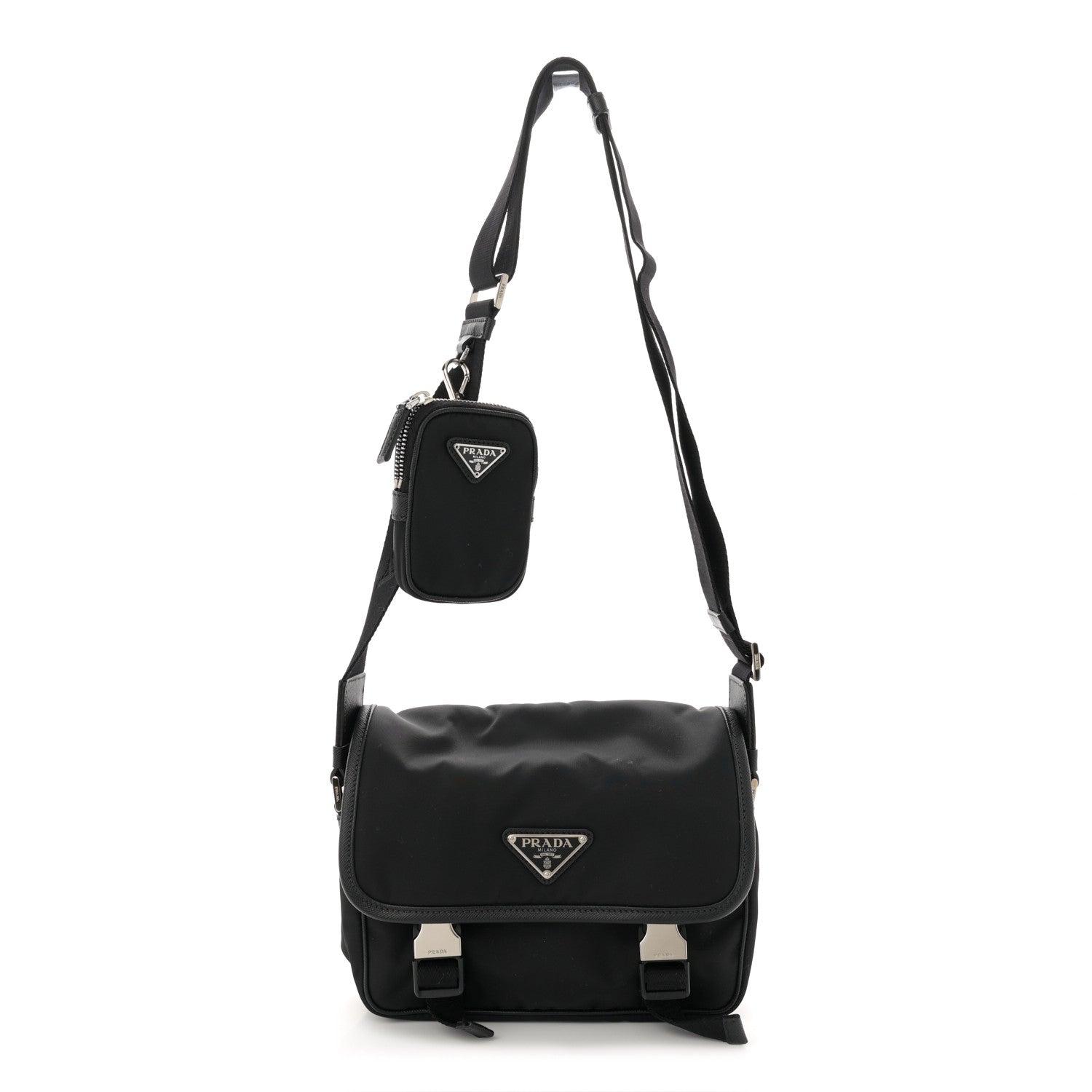 Prada Re-Nylon Saffiano Pocket Double Snap Buckle Shoulder Bag Black 1 of 14