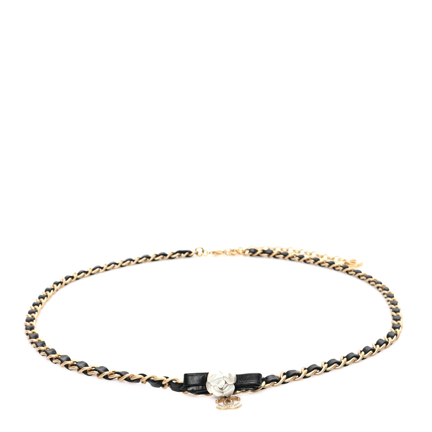 Chanel Calfskin Crystal Chain Camellia Belt 95 38 Black Gold 1 of 4