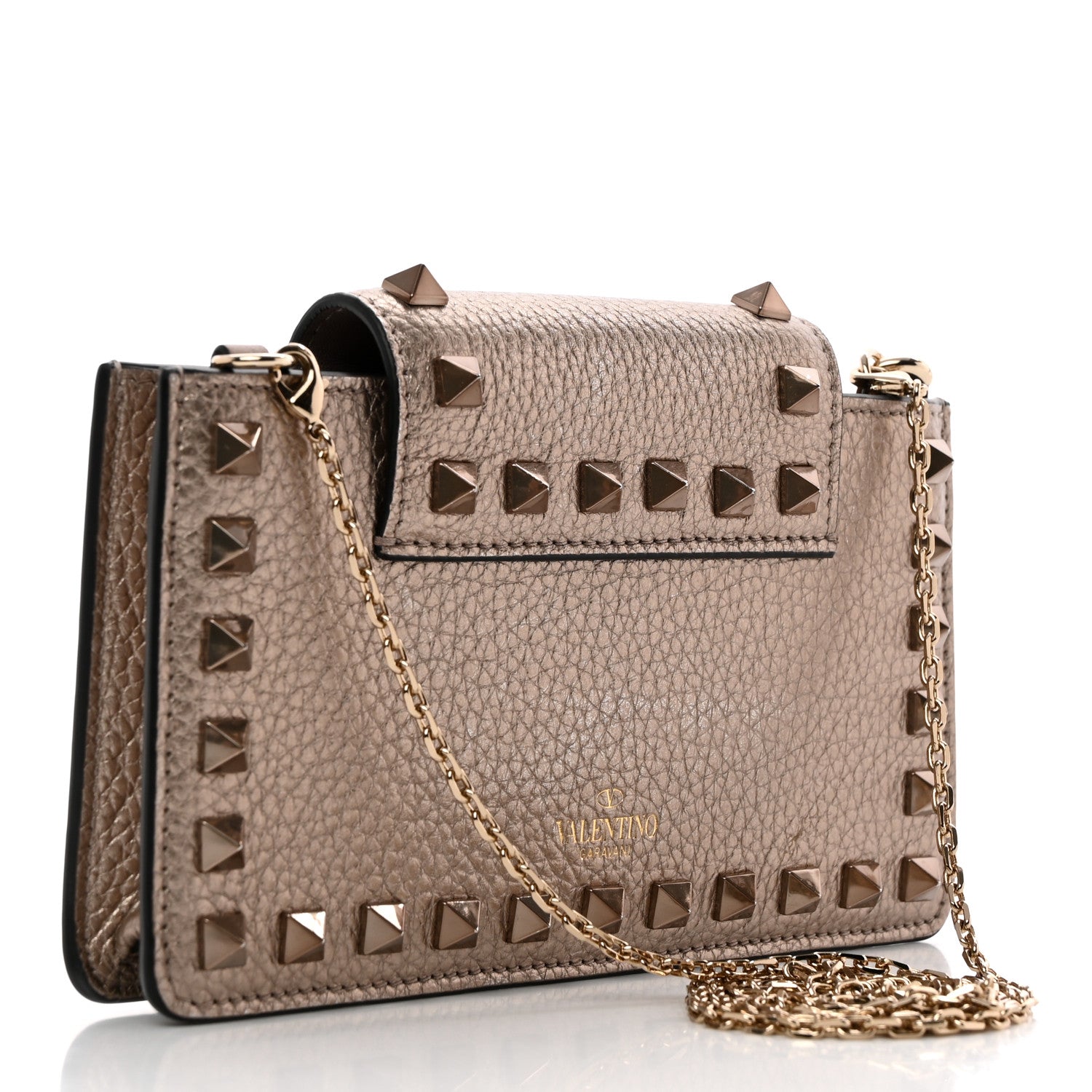 Valentino Garavani Metallic Pebbled Calfskin Rockstud Phone Case With Chain Sasso 3 of 12