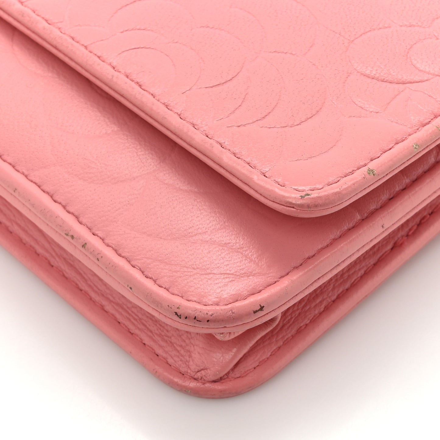 Lambskin Camellia Embossed Wallet on Chain WOC Pink