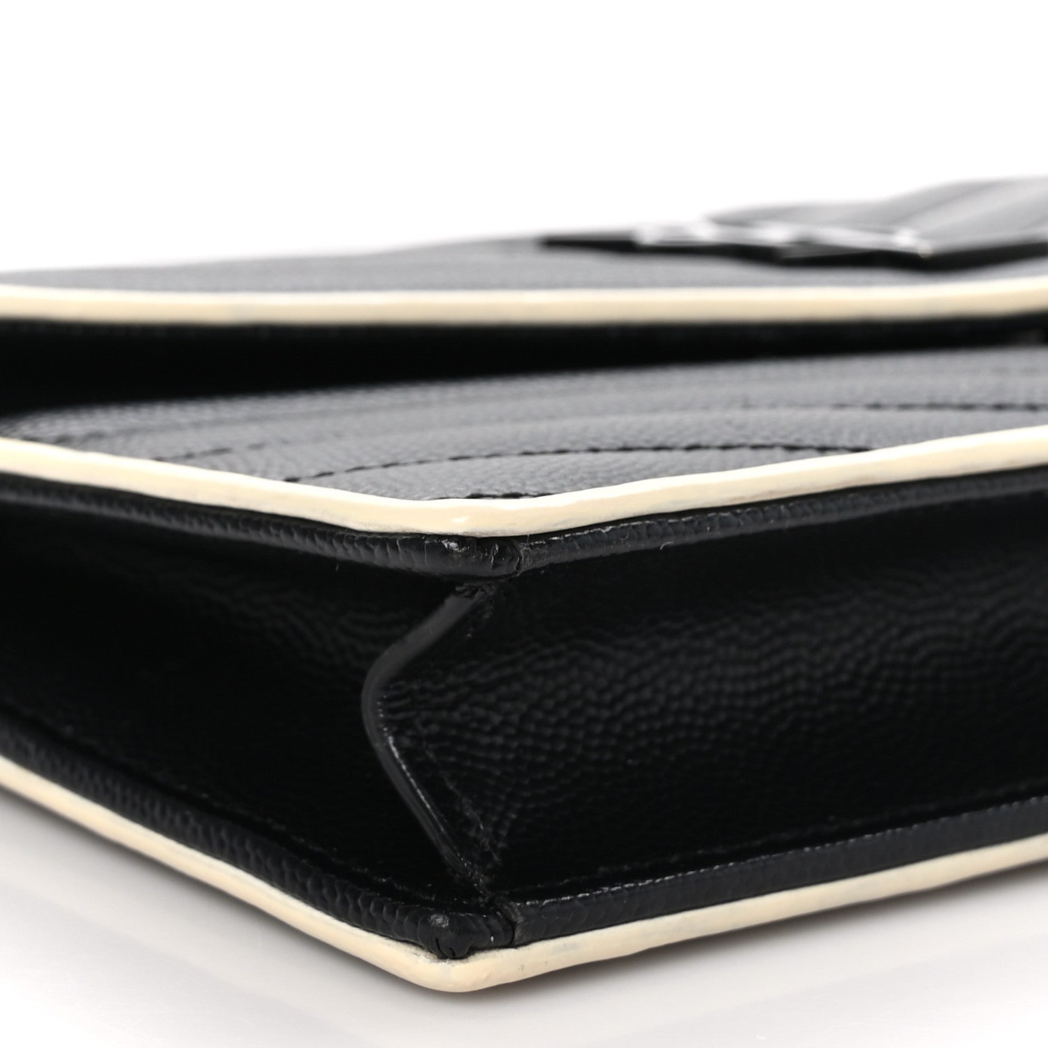 Saint Laurent Grain De Poudre Matelasse Chevron Monogram Envelope Chain Wallet Black White 9 of 10