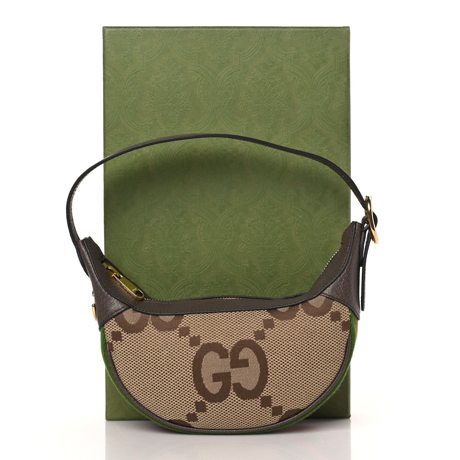 Gucci Monogram Jumbo GG Textured Dollar Calfskin Web Mini Ophidia Half Moon Hobo Camel Ebony New Acero 9 of 9