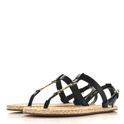 Saint Laurent Calfskin Raffia Cassandra Monogram Sandals 37.5 Black 4 of 8