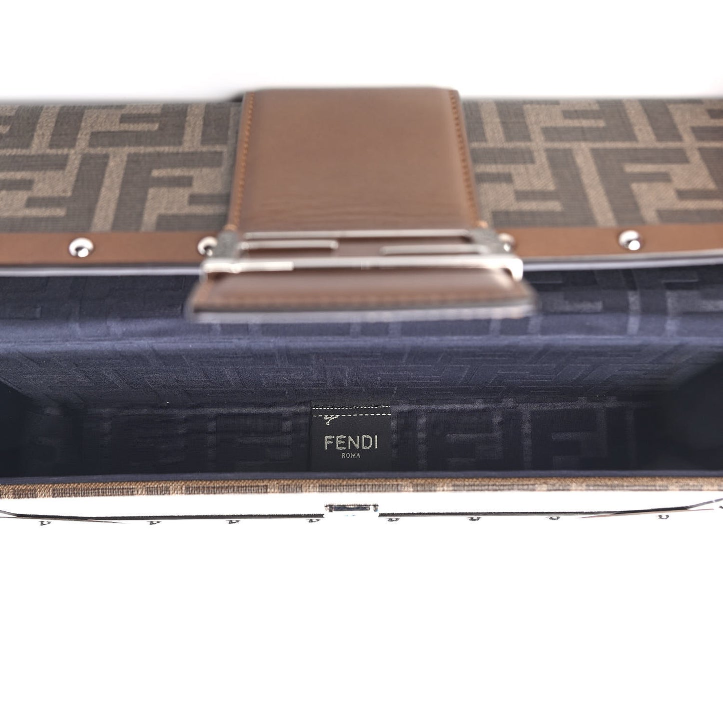 Shiny Glazed Fabric Vachetta FF 1974 Medium Baguette Trunk Mogano Panna Cuoio