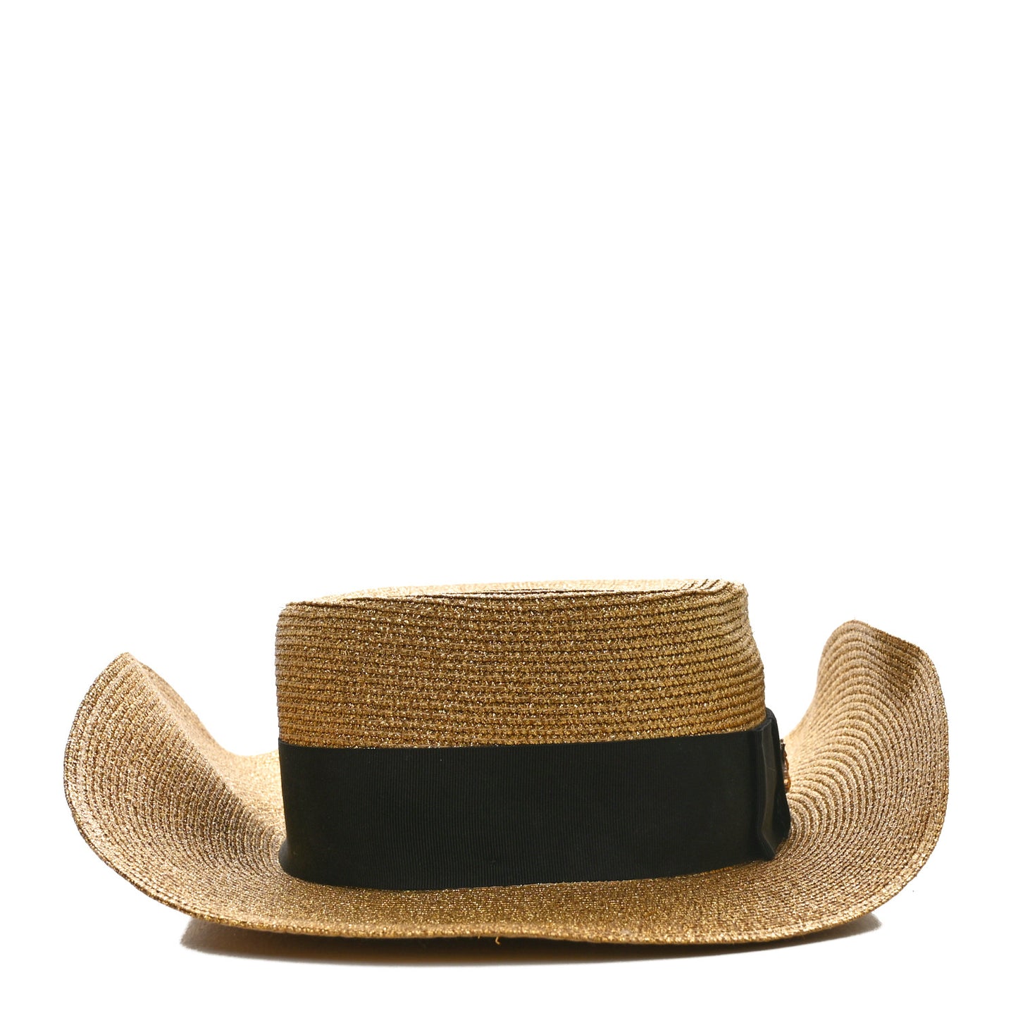 Glittered Straw Grosgrain Wide Brim Hat Gold Black