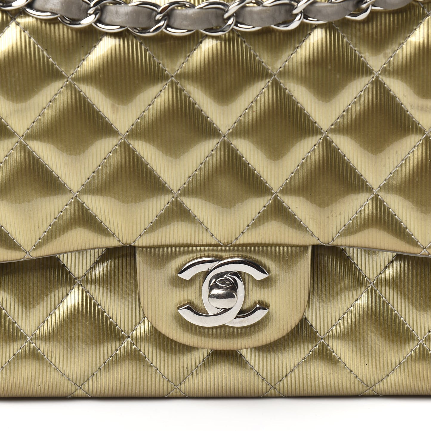 Striated Patent Quilted Medium Double Flap Gold