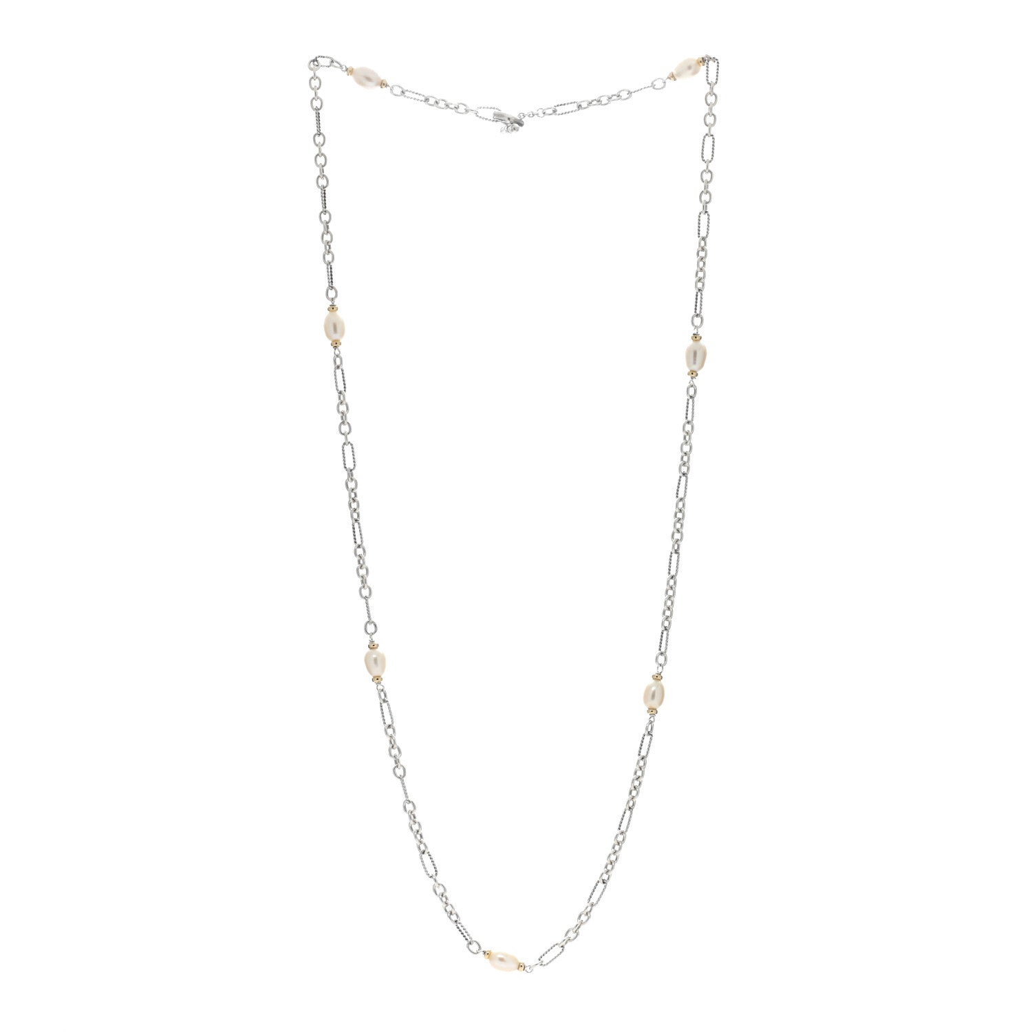 David Yurman Sterling Silver 18K Yellow Gold Baroque Pearl Long Figaro Chain Necklace 2 of 4
