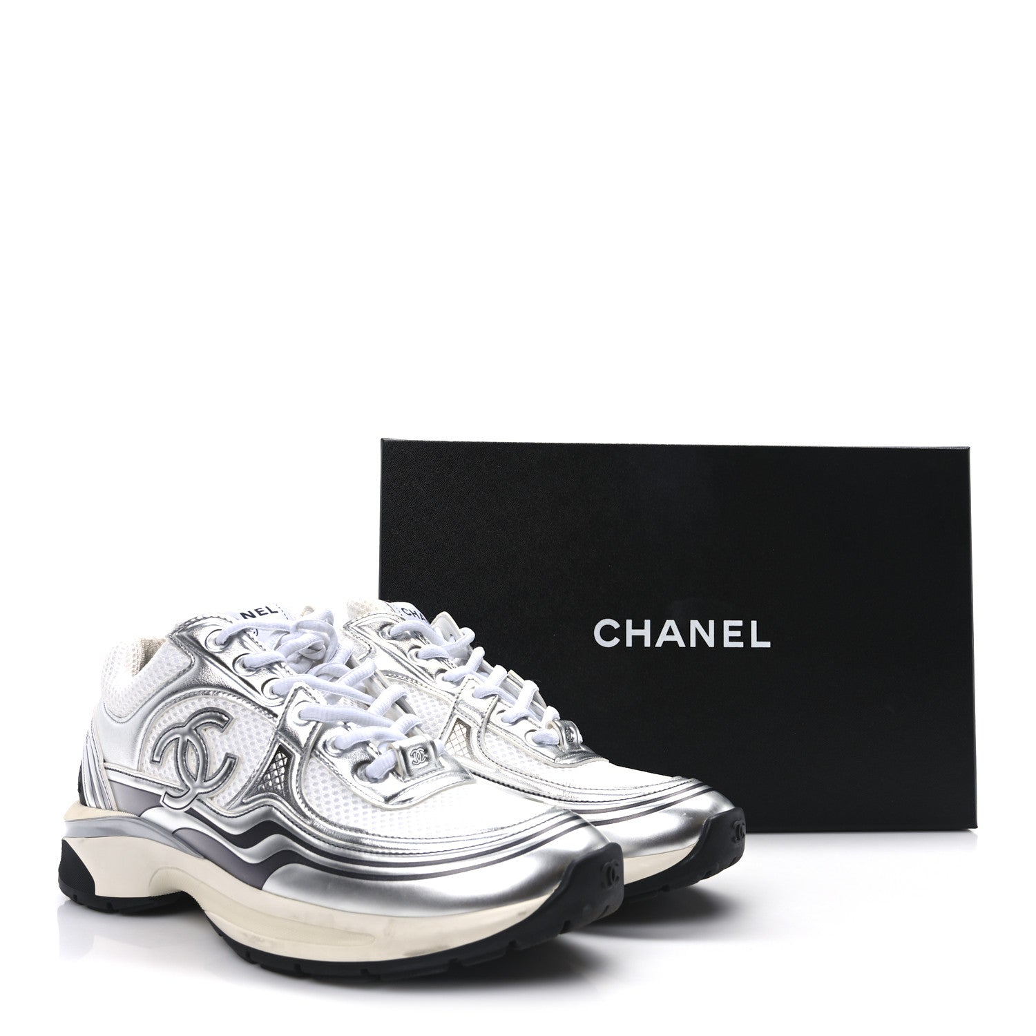 Chanel Fabric Laminated Calfskin Stretch CC Sneakers 39 White Silver 9 of 9